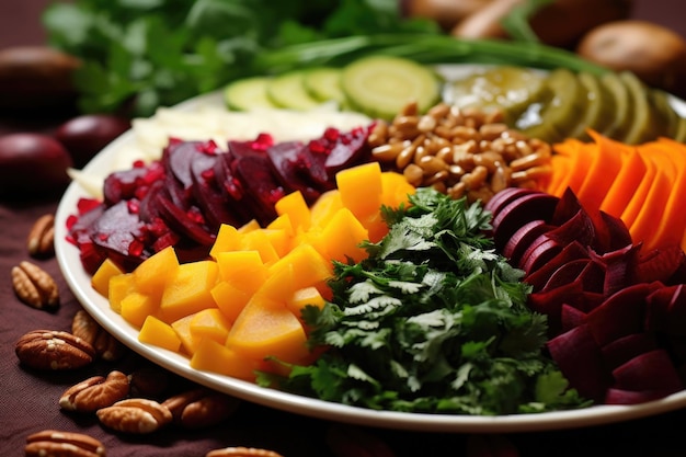 A vibrant plate of pkhali an assortment of vegetablebased p t s displaying an array of colors and