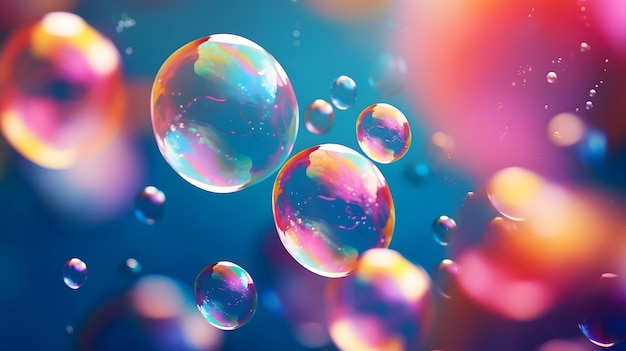 Яркий и игривый крупный план красочных пузырей, изящно плавающих в
