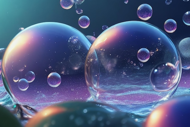 Vibrant and playful closeup of colorful bubbles floating gracefully in the
