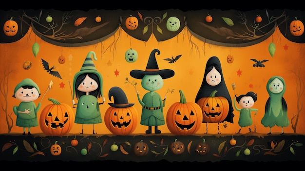 A vibrant and playful halloween banner featuring cute and whimsical characters aigenerated