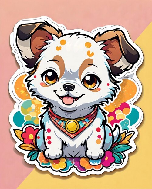 A vibrant and playful illustration of a cute dog sticker inspired by japanese kawaii art