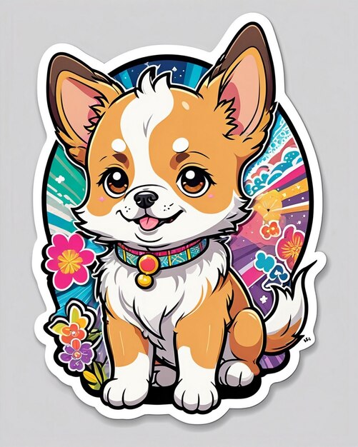 A vibrant and playful illustration of a cute dog sticker inspired by japanese kawaii art