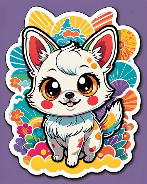 a vibrant and playful illustration of a cute dog sticker inspired by Japanese kawaii art