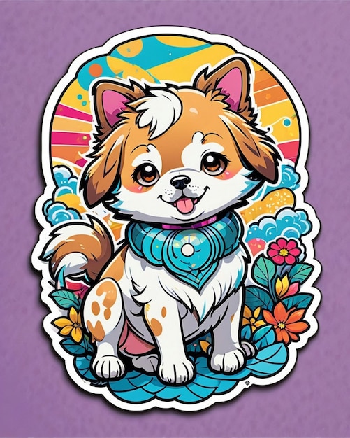 A vibrant and playful illustration of a cute dog sticker inspired by japanese kawaii art