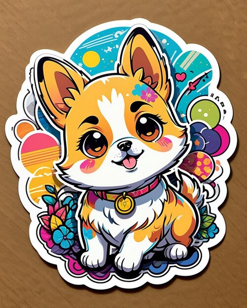 яркая и игривая иллюстрация милой наклейки на собаку, вдохновленная японским искусством кавайи