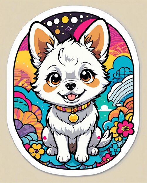 a vibrant and playful illustration of a cute dog sticker inspired by Japanese kawaii art