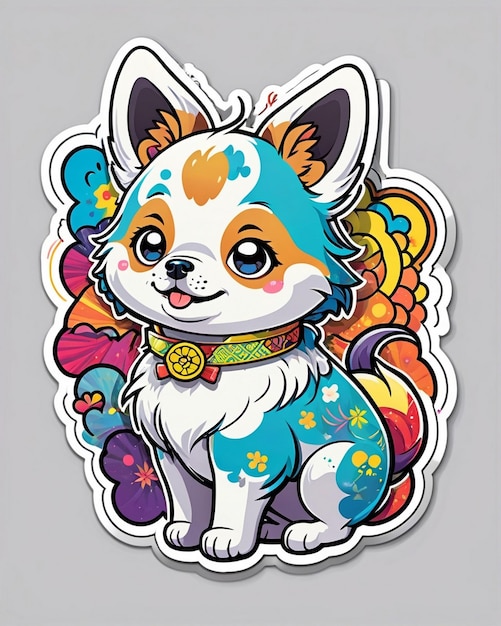 a vibrant and playful illustration of a cute dog sticker inspired by Japanese kawaii art