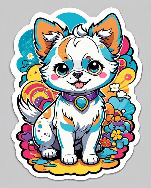 a vibrant and playful illustration of a cute dog sticker inspired by Japanese kawaii art