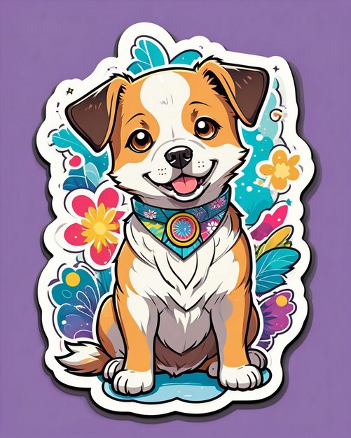 яркая и игривая иллюстрация милой наклейки на собаку, вдохновленная японским искусством кавайи