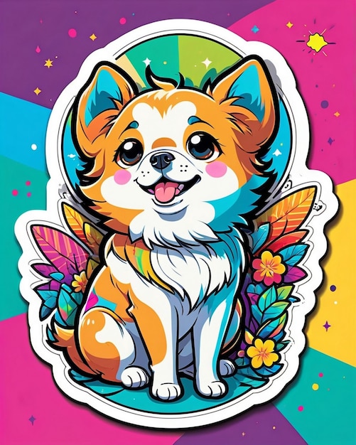 A vibrant and playful illustration of a cute dog sticker inspired by japanese kawaii art