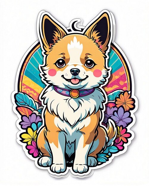 a vibrant and playful illustration of a cute dog sticker inspired by Japanese kawaii art