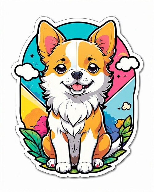 日本のカワイアアートにインスパイアされた可愛い犬のステッカーの活発で遊び心のあるイラスト