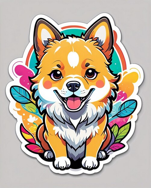 A vibrant and playful illustration of a cute dog sticker inspired by japanese kawaii art