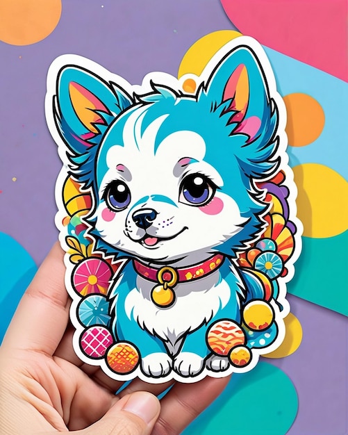 A vibrant and playful illustration of a cute dog sticker inspired by japanese kawaii art