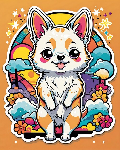 a vibrant and playful illustration of a cute dog sticker inspired by Japanese kawaii art