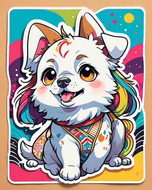 A vibrant and playful illustration of a cute dog sticker inspired by japanese kawaii art