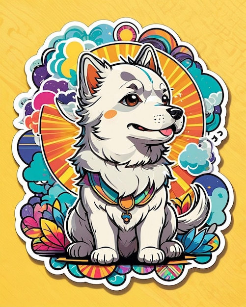 A vibrant and playful illustration of a cute dog sticker inspired by japanese kawaii art