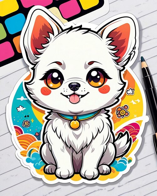 a vibrant and playful illustration of a cute dog sticker inspired by Japanese kawaii art