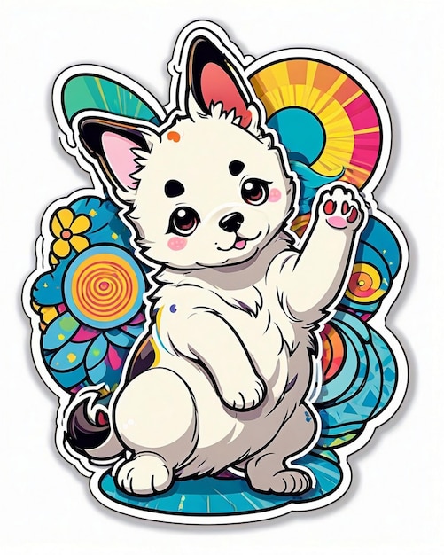 a vibrant and playful illustration of a cute dog sticker inspired by Japanese kawaii art