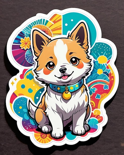 a vibrant and playful illustration of a cute dog sticker inspired by Japanese kawaii art
