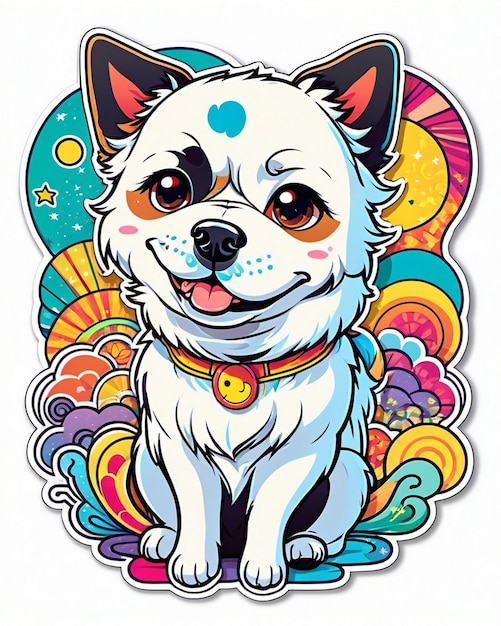 a vibrant and playful illustration of a cute dog sticker inspired by Japanese kawaii art