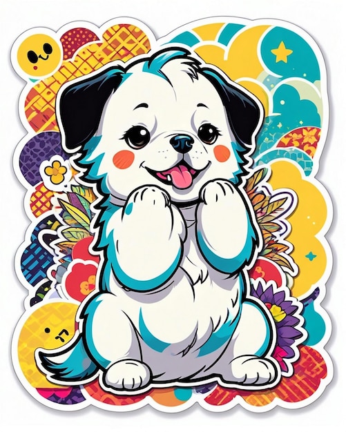 a vibrant and playful illustration of a cute dog sticker inspired by Japanese kawaii art