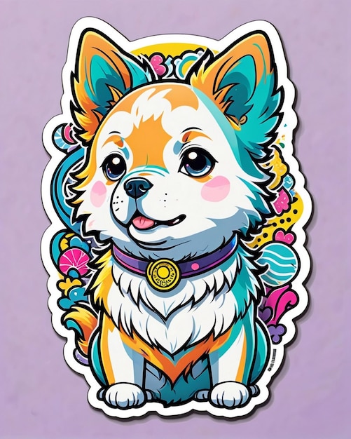 a vibrant and playful illustration of a cute dog sticker inspired by Japanese kawaii art