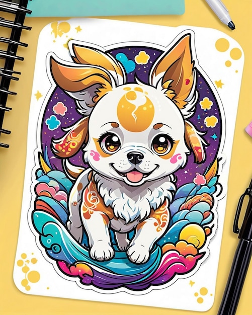 Photo a vibrant and playful illustration of a cute dog sticker inspired by japanese kawaii art