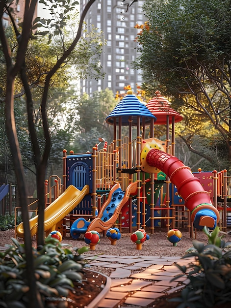 Vibrant playground with red slide nestled by trees for leisure fun