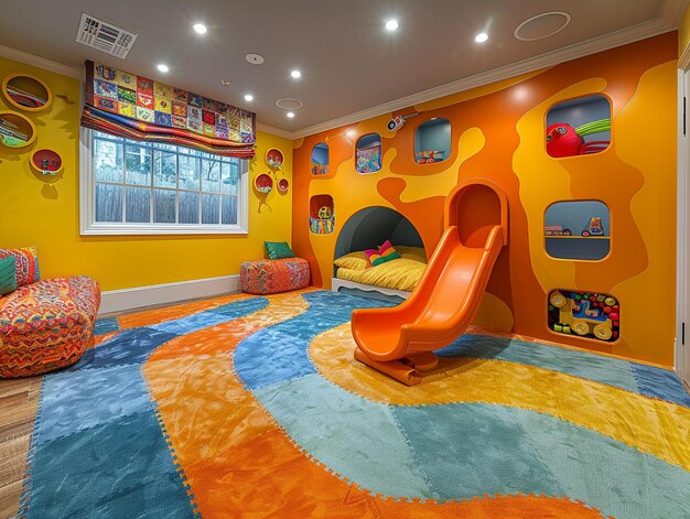 Vibrant playroom with wall murals and creative storage solutionshyperrealistic