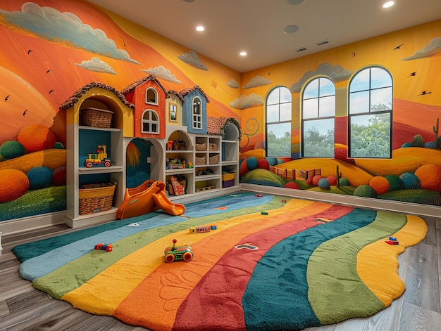 Vibrant playroom with wall murals and creative storage solutionshyperrealistic