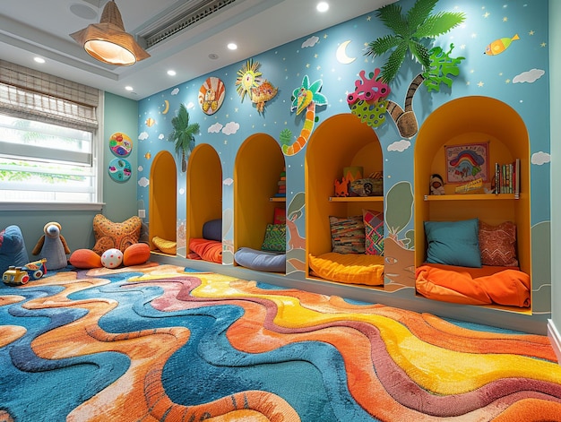 Photo vibrant playroom with wall murals and creative storage solutionshyperrealistic