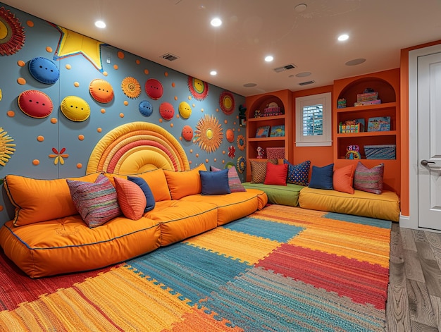 Vibrant playroom with wall murals and creative storage solutionshyperrealistic