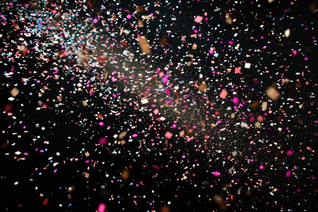 Photo a vibrant and plentiful amount of confetti spreads across a black background creating a festive and energetic atmosphere a burst of confetti against a black starstudded sky ai generated