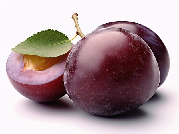 Vibrant Plum with Leaf and Slice A Captivating Stock Image Enhanced by Generative AI