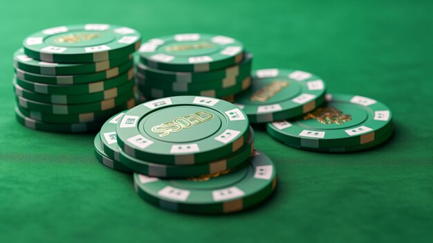 Vibrant Poker Chip Stack on Green Table Enhanced with Generative AI