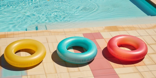 Vibrant Poolside Fun with Colorful Swimming Tubes Generative AI