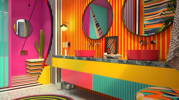 Vibrant Pop Art Badkamer ijdelheid met neon accenten Bold kleurrijke en speelse interieur decor ontwerp