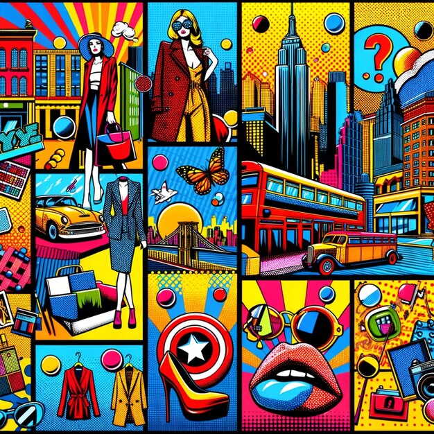 Vibrant Pop Art Collage with Fashion and City Life