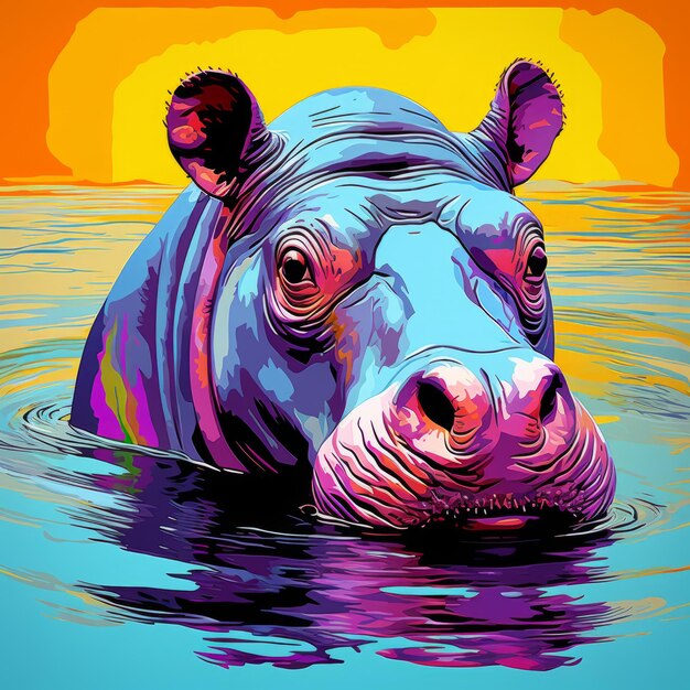 Photo vibrant pop art hippopotamus illustration in colorful neopop style