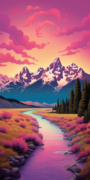 Vibrant Pop Art Illustration Of Scenic Valley At Sunset With Mountain Peaks