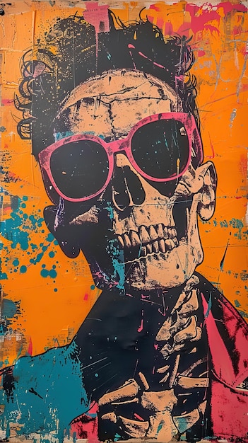 A vibrant pop art inspired skeleton portrait using a mix of graffitistyle splashes