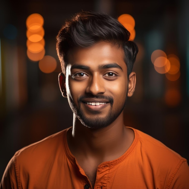 Photo vibrant portrait of a 25yearold south indian working guy with a happy face and casual style in can