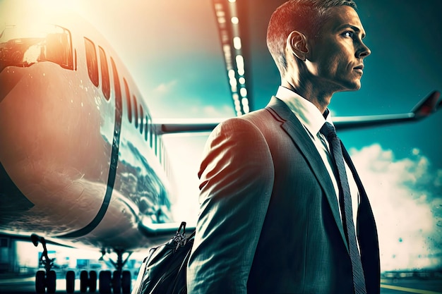 Vibrant portrait of businessman in airport with luggage on background of flying airplane