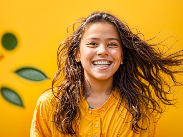 写真 活気のある肖像画は陽気な黄色い背中に対して喜びに満ちた若い女の子の感染性のある笑顔を捉えています