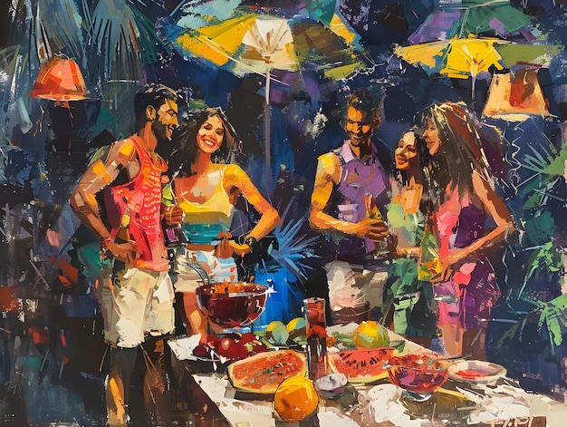 vibrant portrait of friends enjoying a lively barbecue party in a tropical setting