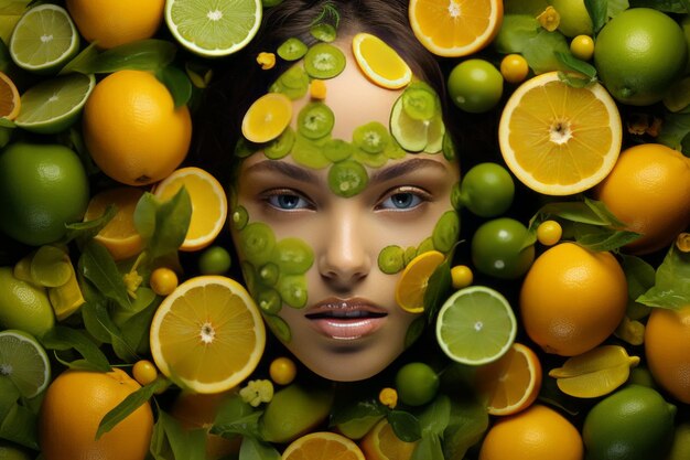 Vibrant portrait woman embraced by a cascade of luscious citrus fruits