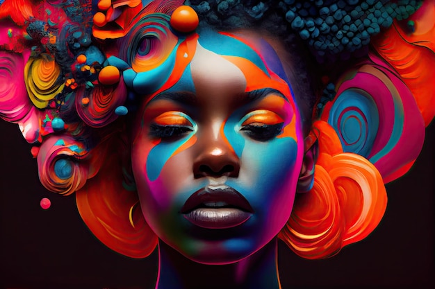 Vibrant portrait of a woman with her features represented by colorful objects