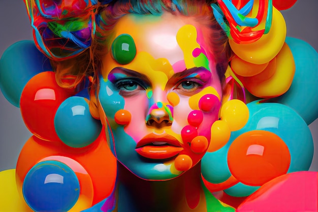 Vibrant portrait of a woman with her features represented by colorful objects