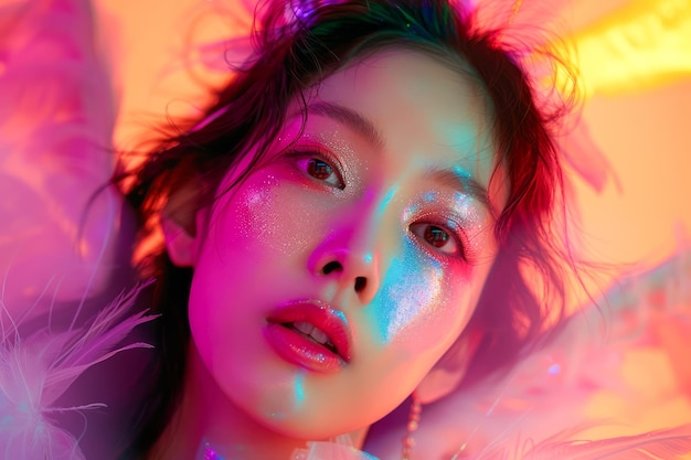 Vibrant Portrait of Young Woman in Neon Lights with Glitter Makeup and Feathers